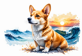 A vibrant artistic illustration of a Corgi enjoying the sunset, featuring a longboard and subtle watercolor splashes capturing a peaceful mood.