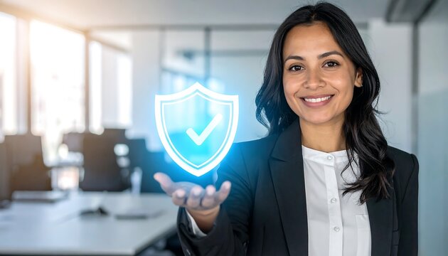 Businesswoman holding glowing holographic shield symbol in hand for digital protection concept