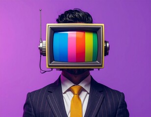 A man wearing a vintage television as a headpiece