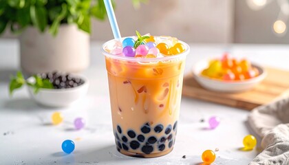 Bubble Tea Delight A Refreshing Beverage with Colorful Boba Pearls