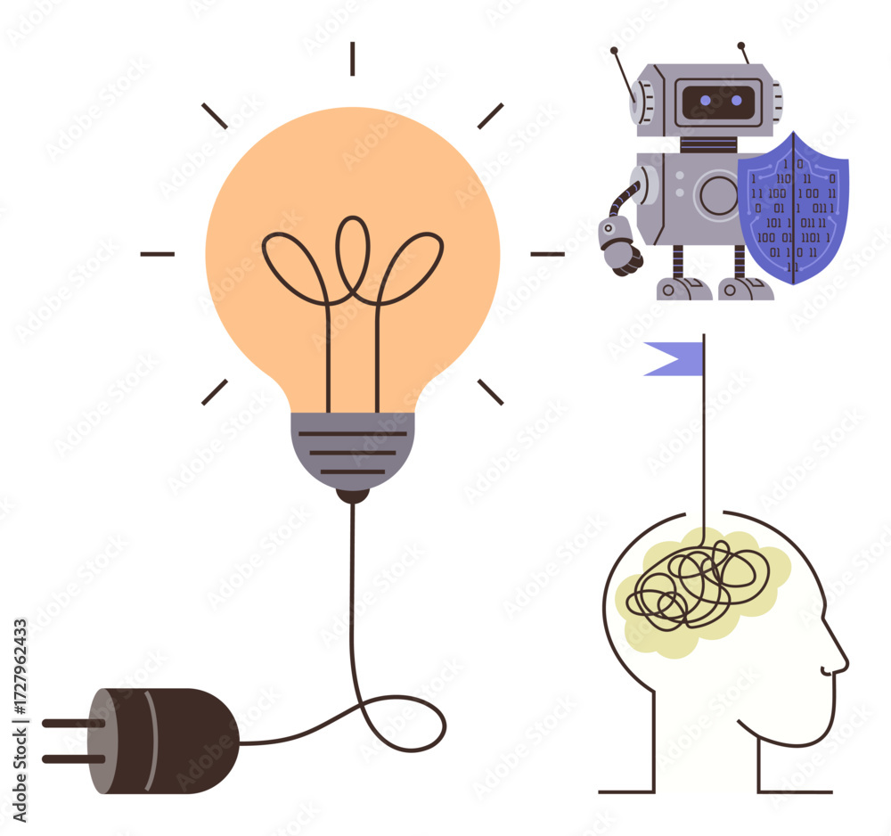 Poster robot holding shield next to human head with tangled brain and lightbulb connected to plug. ideal fo