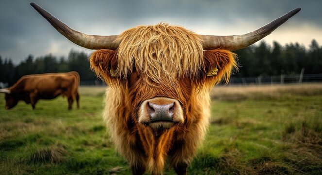 Close-up of a large Highland cow with long curved horns and shaggy fur standing in a grassy field under a cloudy sky with another cow in the background - Powered by Adobe