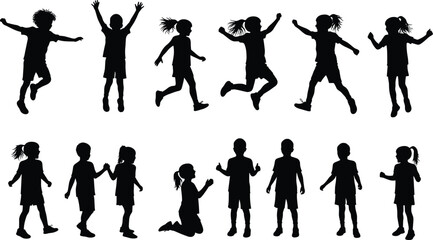 Children silhouettes, kids jumping, playing, running, standing, happy childhood moments, outdoor fun activity, vector illustration, black silhouettes, isolated design, active lifestyle