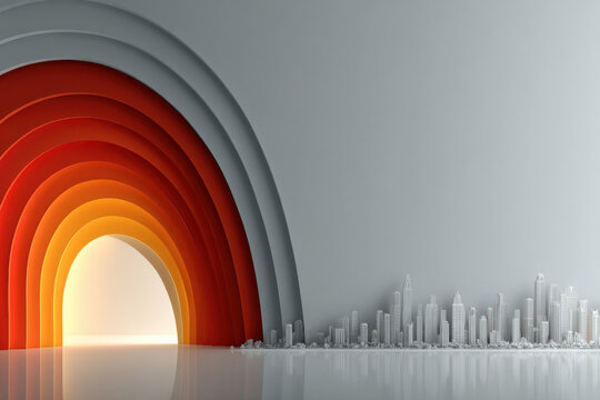 Abstract Architectural Archways: A mesmerizing, artistic study featuring layers of archways. The focal point is the gradient color scheme drawing viewers into a minimalist urban skyline.