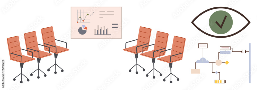 Poster chairs aligned for teamwork, analytics chart on a board, workflow diagram and green checkmark in an 