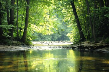 Fototapeta premium Calm forest river flowing gently between dense green trees with sunlight reflecting on the water surface