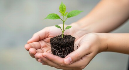 Nurturing a vibrant green seedling with exposed roots held gently in cupped hands, symbolizing growth, new beginnings, and care for the environment and future.