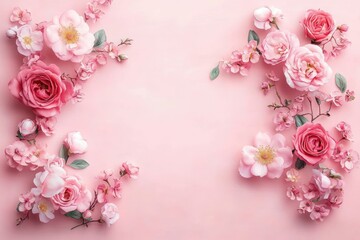 Arrangement of various pink and red flowers with green leaves on a soft pink background creating a delicate, romantic atmosphere