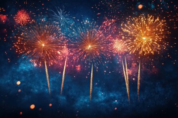colorful fireworks exploding in the night sky against a blue smoky background creating a festive and celebratory atmosphere