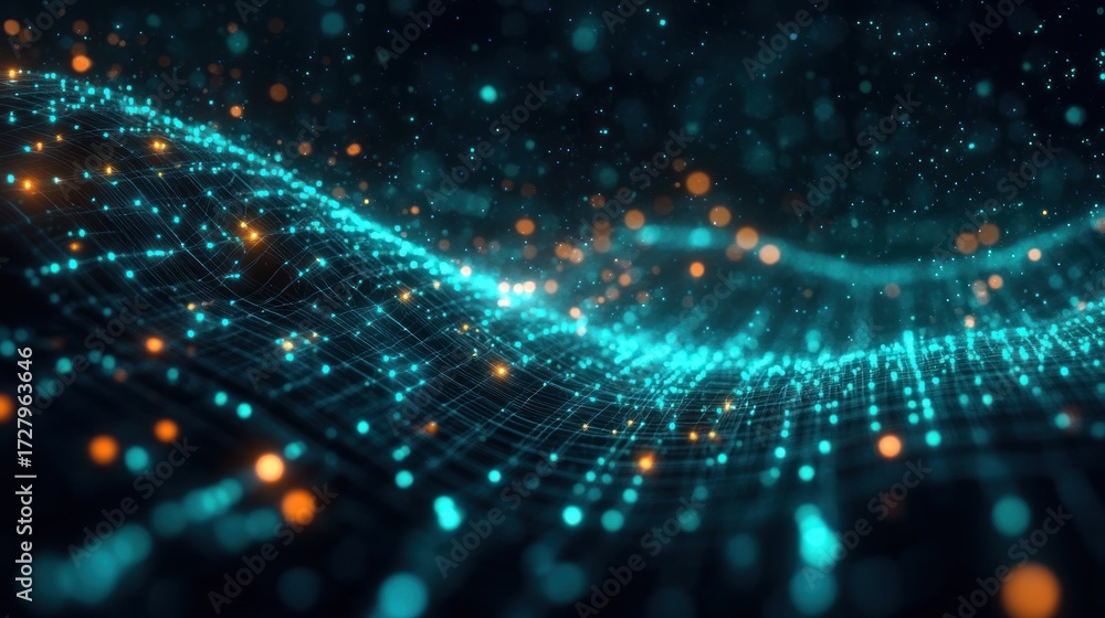 Wall mural abstract digital waves formed by glowing blue and orange particles connected with a grid of lines on