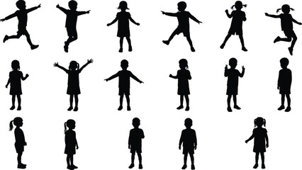 Children silhouettes, kids jumping, standing, pointing, running, playful gestures, vector design, black figures, isolated illustration, active lifestyle, childhood fun, outdoor activity