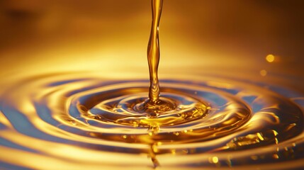 Close-up of golden liquid pouring and creating ripples on shiny reflective surface with warm lighting