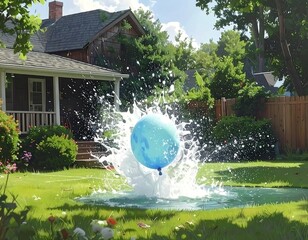 A light blue balloon bursts in a splash on a sunny backyard