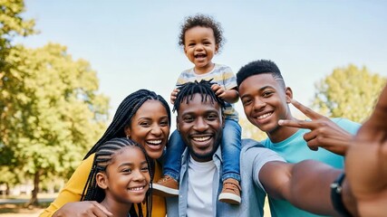 Happy African American family of five taking a joyful selfie outdoors in a sunny park, featuring parents, a teenage son, a young daughter, and a baby boy on shoulders. - Powered by Adobe