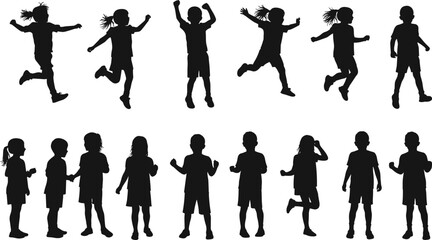 Children silhouettes, kids playing, running, jumping, standing, happy childhood activity, outdoor fun, vector illustration, black silhouettes, isolated design, 