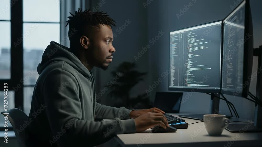 Wall mural young black male programmer focused on coding late at night in a modern office with multiple screens
