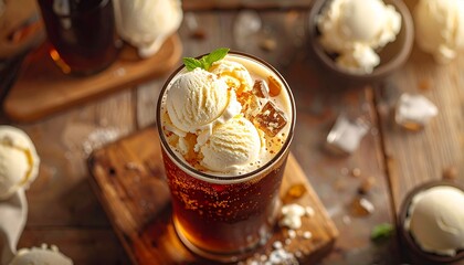 Delectable ice cream float with rich cold coffee and creamy vanilla scoops on a rustic wooden background