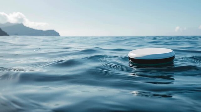 Scientific sensor for marine research floats on serene coastal ocean, showcasing modern technology for environmental water conservation and data collection