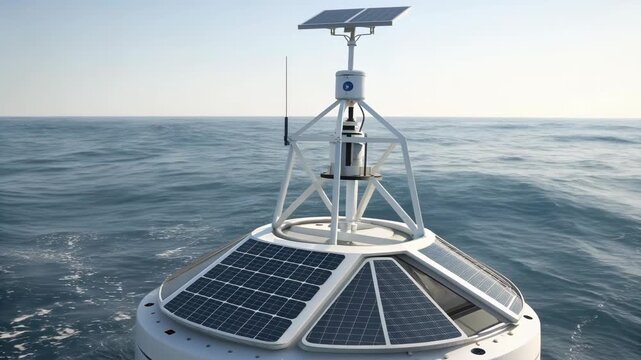 Floating buoy equipped with solar panels for ocean monitoring, renewable energy, climate research, and environmental conservation technology, symbolizing sustainable solutions for marine science and c