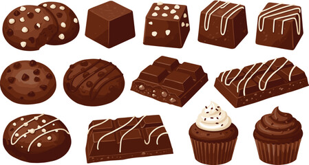 Chocolate dessert collection, cookies, brownies, truffles, cupcakes, sweet bakery treats, cocoa candy bars, delicious pastries, homemade sweets, gourmet chocolate illustration