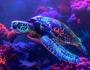 Fototapeta premium Vibrant sea turtle in glowing coral reef