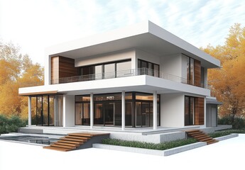 Modern two-story house with large windows and wooden accents surrounded by autumn trees under a partly cloudy sky