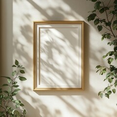 Empty golden picture frame hanging on a sunlit wall with dappled shadows of leafy plants creating a calm and serene atmosphere