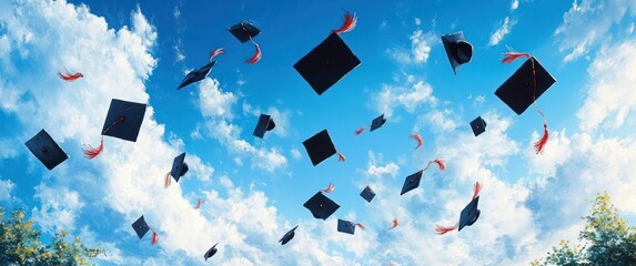 Many graduation caps being thrown into a bright blue sky filled with white clouds celebrating achievement and joy
