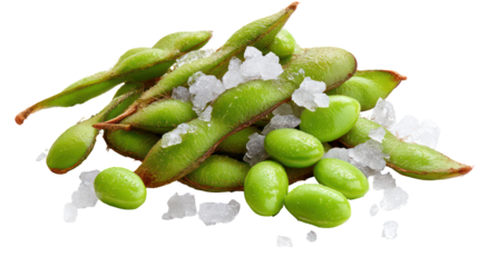 Heap of fresh green edamame pods with coarse salt isolated on transparent background