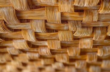 Obraz premium Close-up view of woven straw texture showing natural fibers in an intricate basket pattern with warm brown tones and detailed craftsmanship