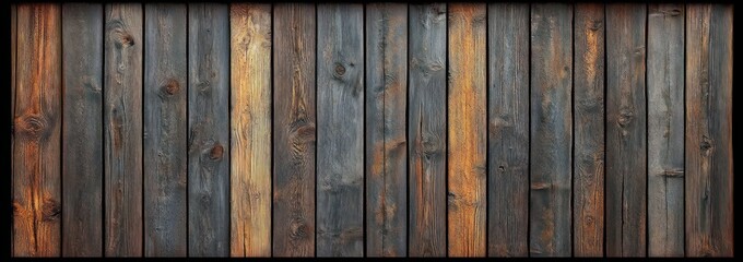 Close-up view of vertical wooden planks with a weathered and stained texture showing dark and orange-brown tones with natural grain and knots, bordered by a black frame