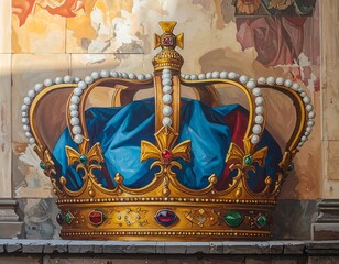 Ornate Regal Crown on Architectural Mural