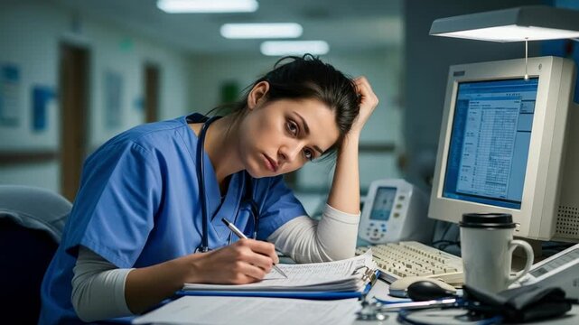 Exhausted young female healthcare professional in blue scrubs diligently works late at a hospital station, documenting patient records on a busy night shift.