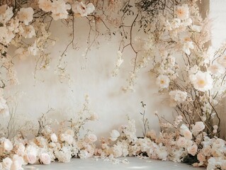 Romantic Floral Arrangement on Textured Wall for Wedding Backdrops and Photography