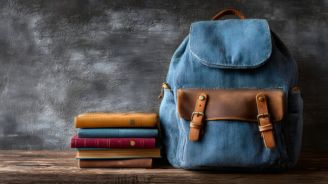 School backpack with books, chalkboard background. Back to school concept. Space for text.