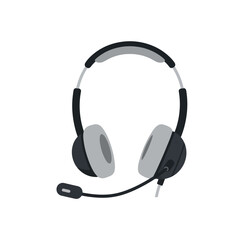 A grey and black headset with an adjustable boom microphone isolated on a white background.