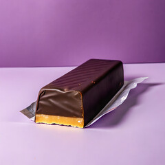 Rich Dark Chocolate Bar With Caramel Filling On Purple Studio Background