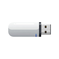 A white USB flash drive with a blue LED indicator light, isolated on a white background.