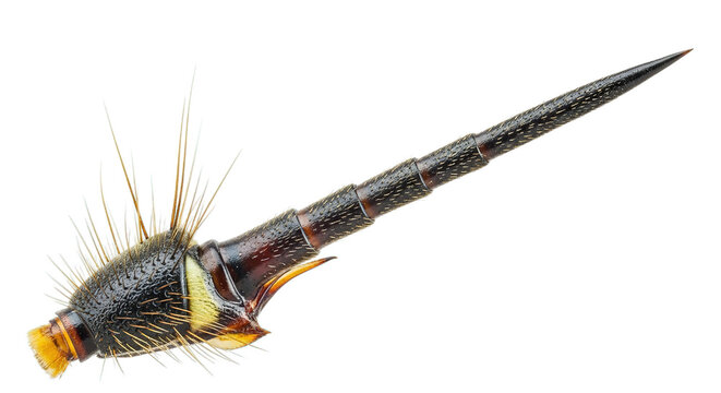Insect ovipositor with bristles and sharp point isolated on white background.