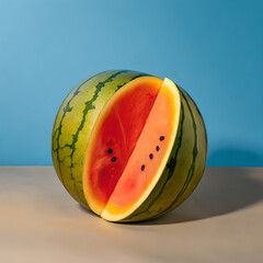 Juicy Watermelon Half With Slice On Table Under Bright Blue Background