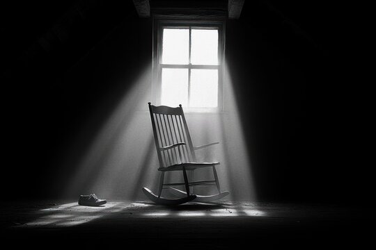 Empty wooden rocking chair illuminated by sunlight streaming through attic window with a single shoe on dusty floor creating a nostalgic and somber mood - Powered by Adobe