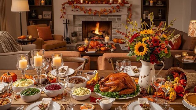 Cozy Thanksgiving Dinner Table with Roasted Turkey, Festive Fall Decorations, and a Warm Fireplace in the Background