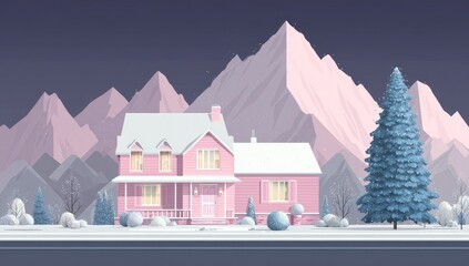 A charming winter scene featuring a pink house nestled amongst snow-capped mountains, accented by a vibrant evergreen tree, and bathed in a soft, twilight glow.