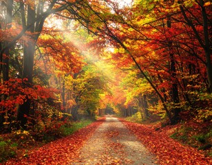 Fototapeta premium Autumn trail illuminated by fall sun rays