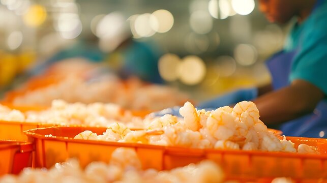 Workers process large quantities of fresh shrimp on a production line