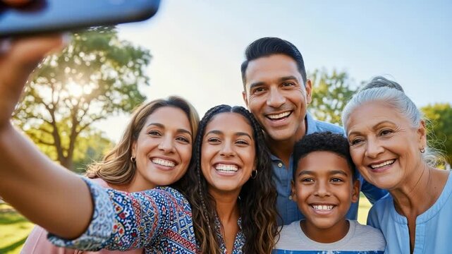 Happy multi-generational diverse family of five, including a grandmother, parents, a teenage girl, and a young boy, taking a joyful selfie outdoors in a sunny park.