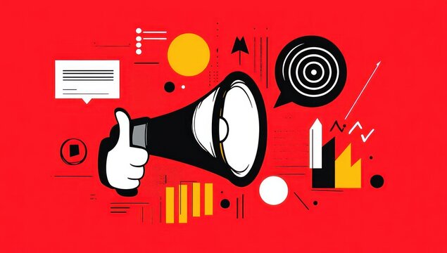 Illustration of a megaphone held by a hand with speech bubbles and abstract shapes on a bold red background conveying communication and messaging