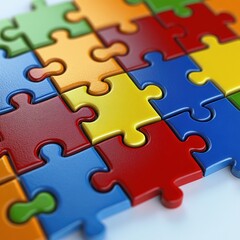 Close-up of colorful interlocking jigsaw puzzle pieces fitting together representing cooperation and problem solving