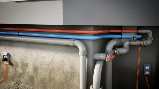 Underground water and sewerage system installation in a house basement with pipes and connections. Residential plumbing infrastructure footage.