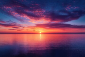 Obraz premium Serene ocean sunset with vibrant pink and purple clouds reflecting on calm water under a colorful sky